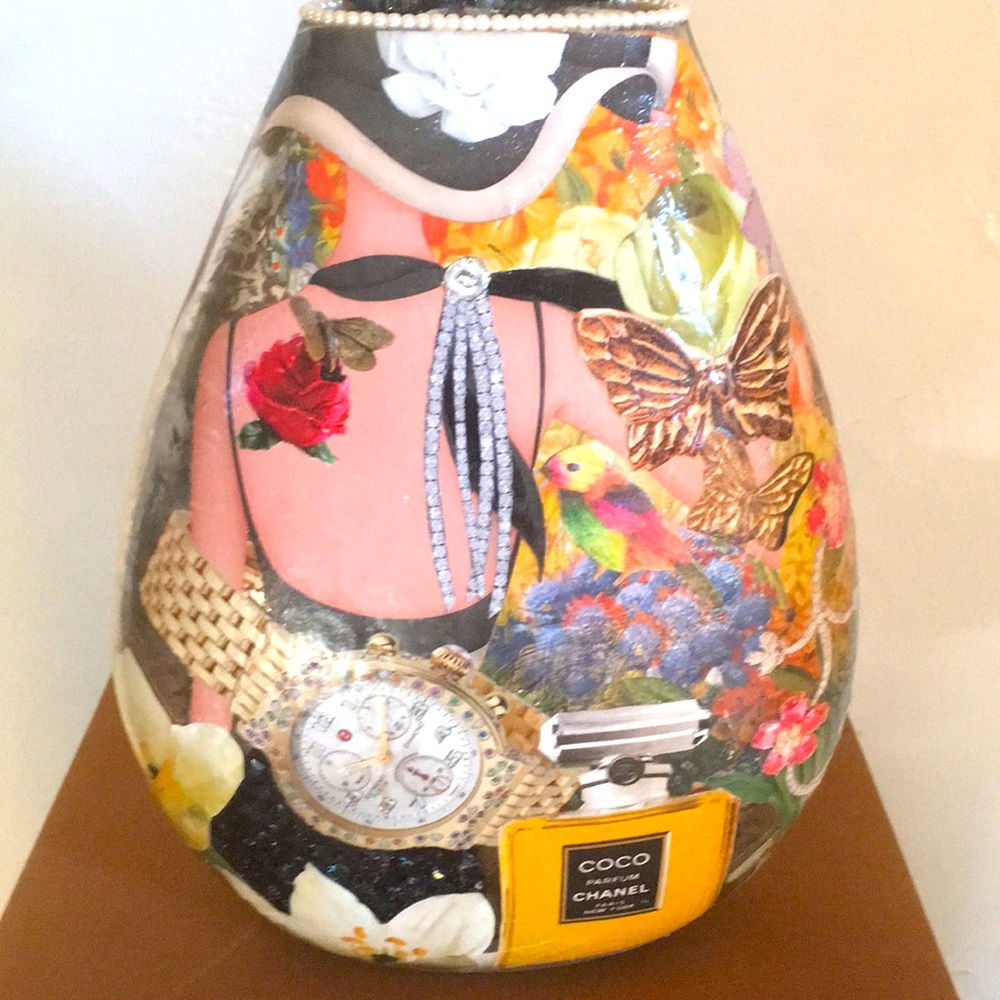 HAND CRAFTED Chanel Vase Decoupage Colorful Vintage Decor Floral Art